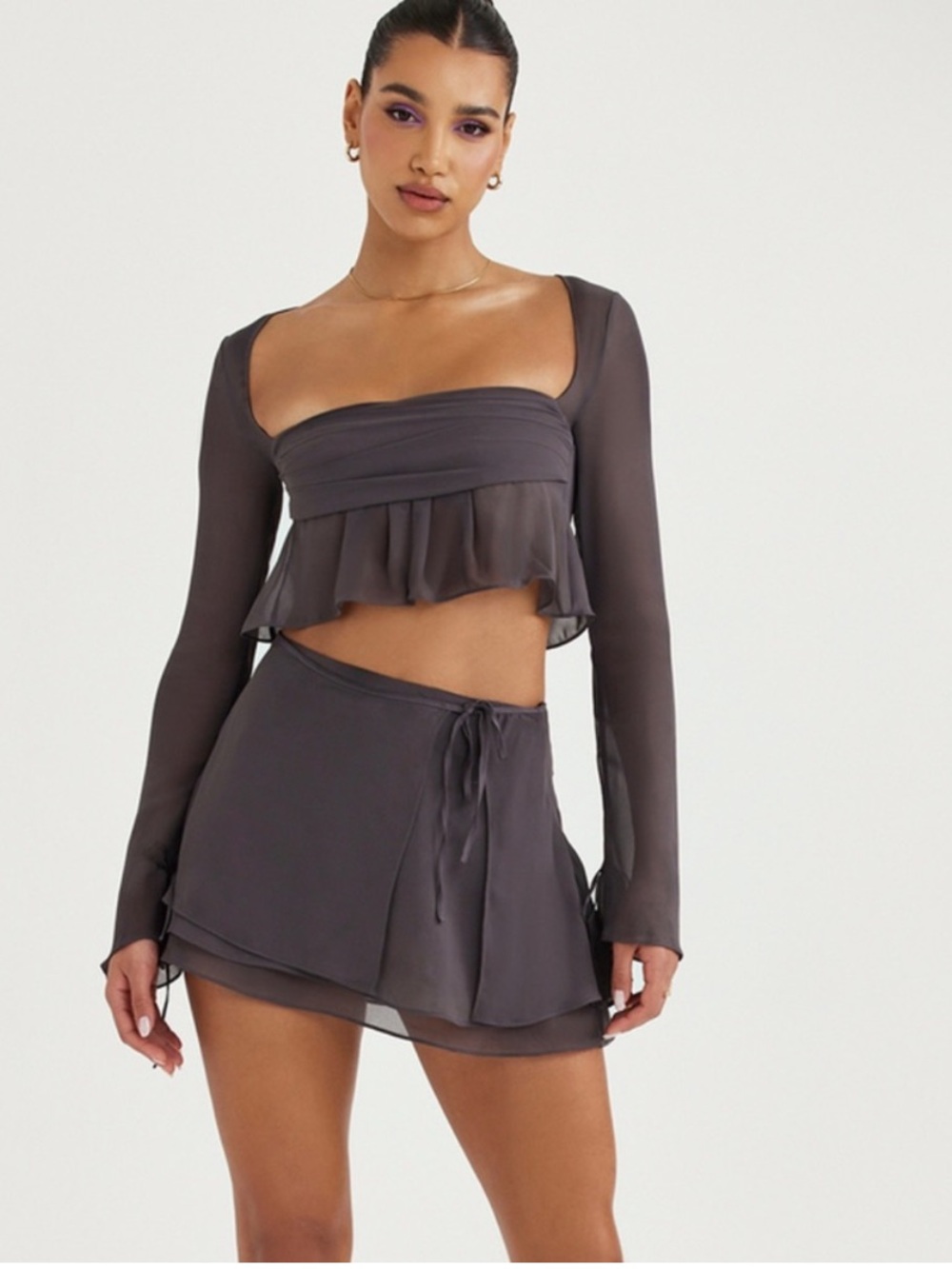 House of CB Athena Shadow Long Sleeve Floaty Top and Clarice Shadow Flowy Skirt